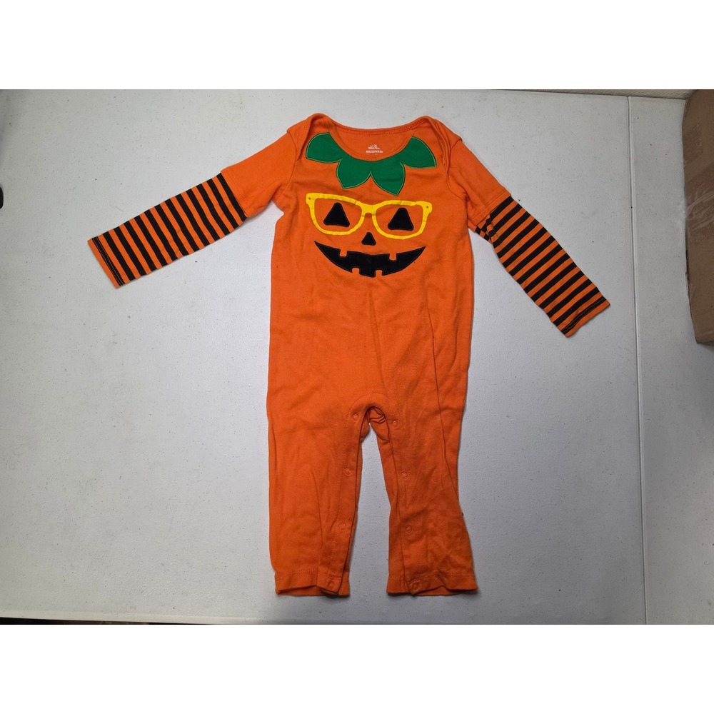 Way to Celebrate Halloween Pumpkin Jumpsuit Orange Striped Sleeves 24M Infant